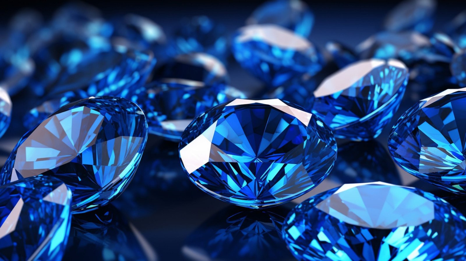 A large collection of Blue Sapphires arranged together, showcasing their brilliant color and sparkling facets.